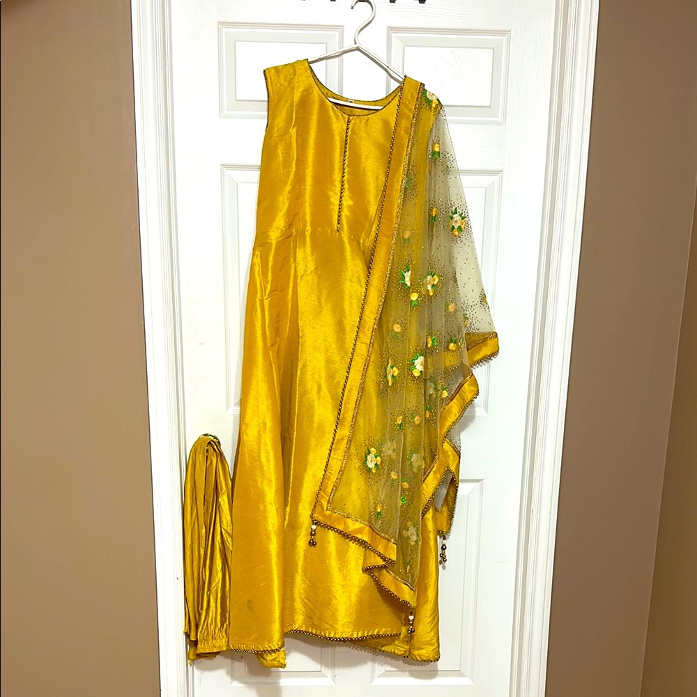 Elegant Yellow Dress with Floral Embellished Dupatta gown